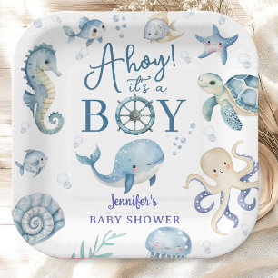 Ahoy It's A Boy Nautical Baby Shower Blue Paper Plate