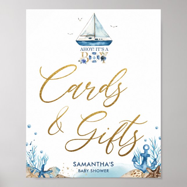 Ahoy It's a Boy Nautical Baby Shower Cards Gifts Poster (Front)
