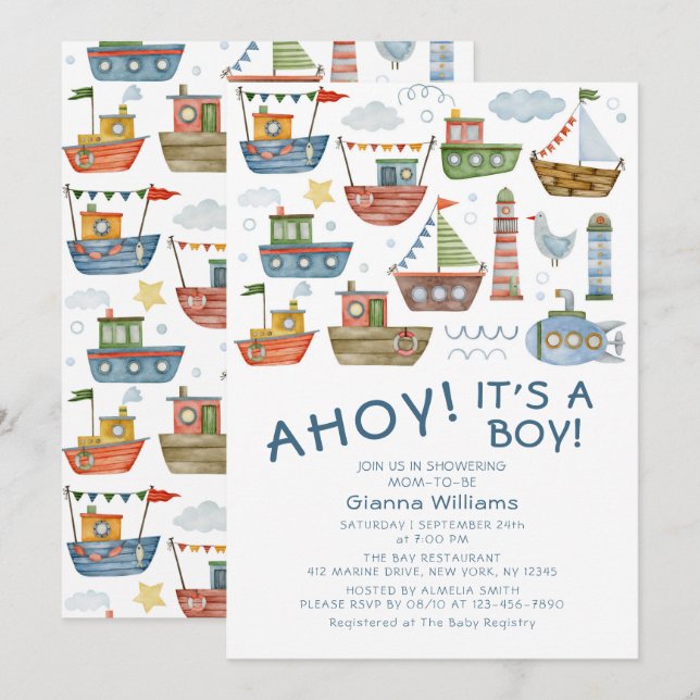 Ahoy Its A Boy Nautical Baby Shower Invitation (Front/Back)
