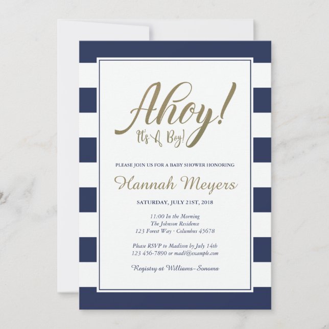 Ahoy! It's A Boy!  Nautical Baby Shower Invitation (Front)