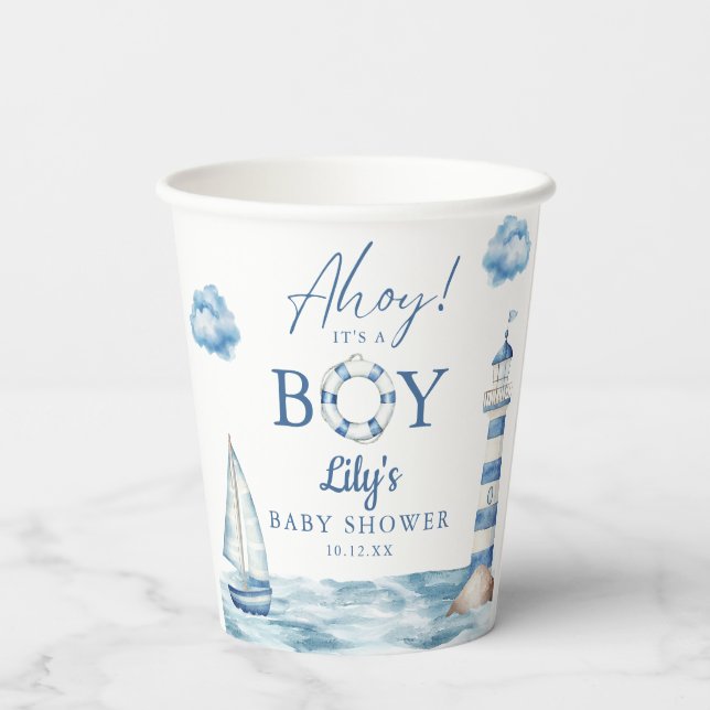 Ahoy Its A Boy Nautical Baby Shower Paper Cups (Back)