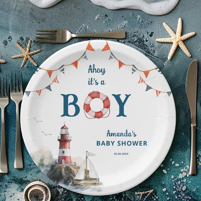 Ahoy It's a Boy Nautical Baby Shower Paper Plate (Creator Uploaded)