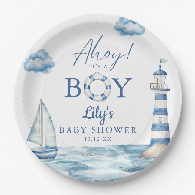 Ahoy Its A Boy Nautical Baby Shower Paper Plate (Front)