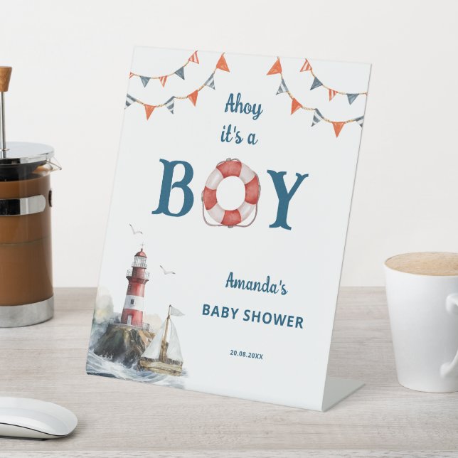 Ahoy It's a Boy Nautical Baby Shower Pedestal Sign (In SItu)