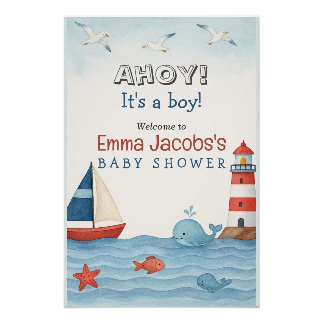 Ahoy It's a Boy Nautical Baby Shower Welcome Poster (Front)