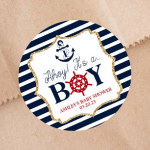 Ahoy It's A Boy Nautical Blue Baby Shower Favour Classic Round Sticker