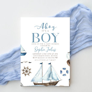 Ahoy It's A Boy Nautical Blue Boat baby shower Invitation
