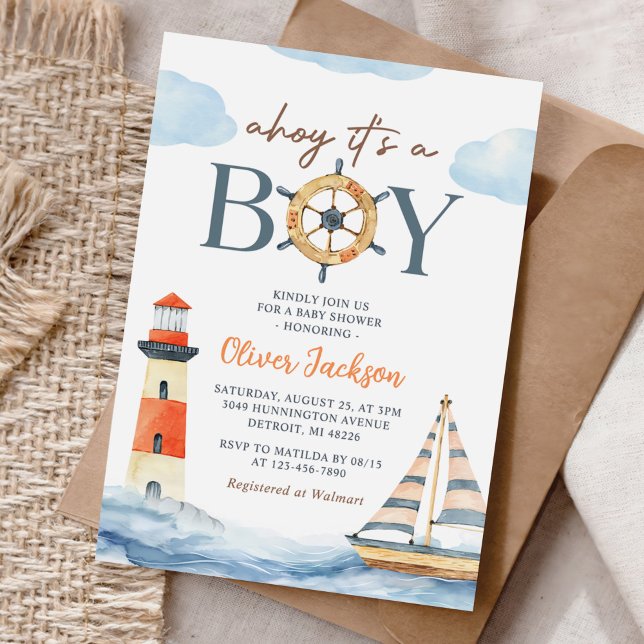 Ahoy It's a Boy Nautical Blue Boy Baby Shower Invitation (Creator Uploaded)