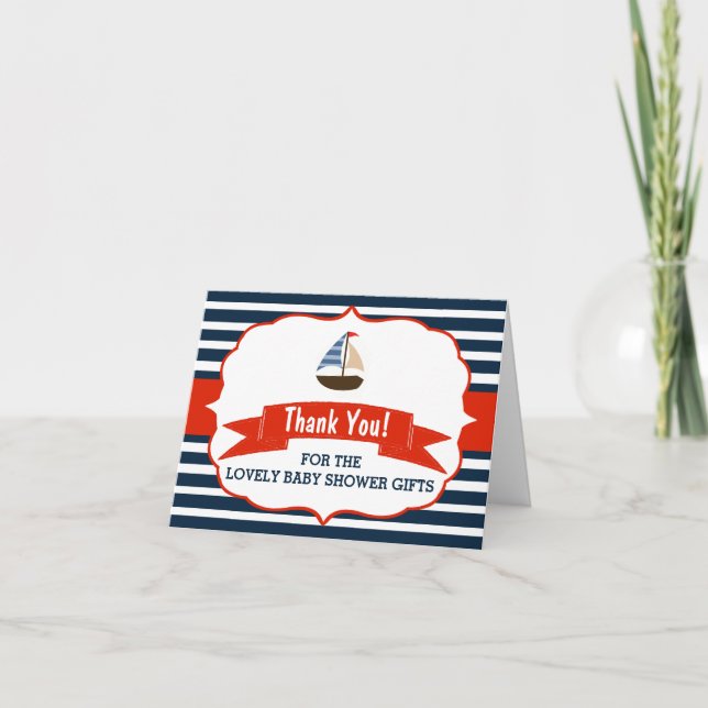 Ahoy It's A Boy! Nautical Boat Baby Shower Thanks Thank You Card (Front)