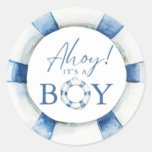Ahoy Its A Boy Nautical Lifebuoy Baby Shower Favou Classic Round Sticker