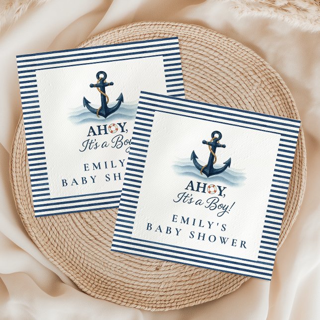Ahoy It's A Boy Nautical Navy Blue Baby Shower Napkin (Creator Uploaded)