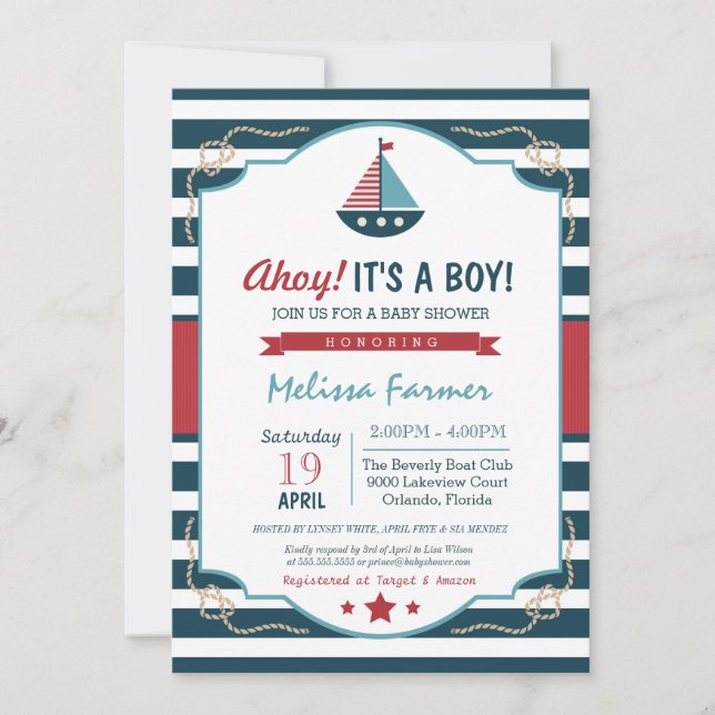 Ahoy It's A Boy!  Nautical Navy & Red Baby Shower Invitation (Front)