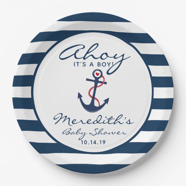 Ahoy, it's a Boy Nautical Navy White Baby Shower Paper Plate (Front)