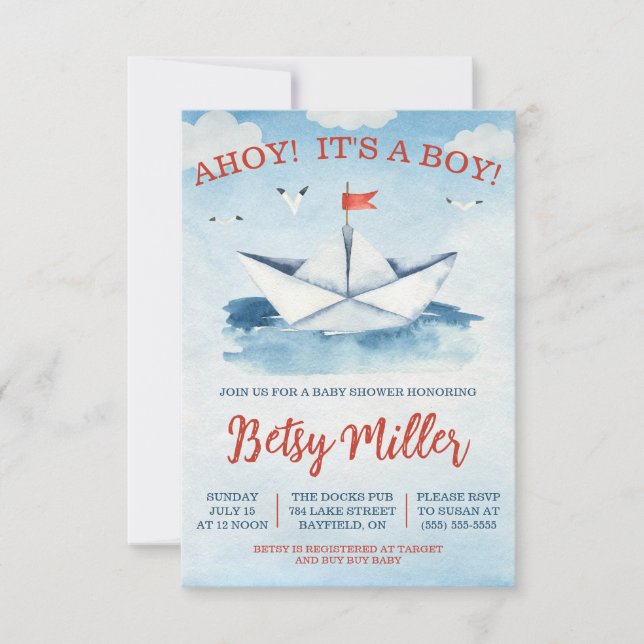AHOY! It's a BOY!  Nautical Paper Boat Baby Shower Invitation (Front)