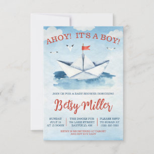 AHOY! It's a BOY! Nautical Paper Boat Baby Shower Invitation