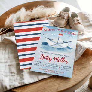 AHOY! It's a BOY!  Nautical Paper Boat Baby Shower Invitation