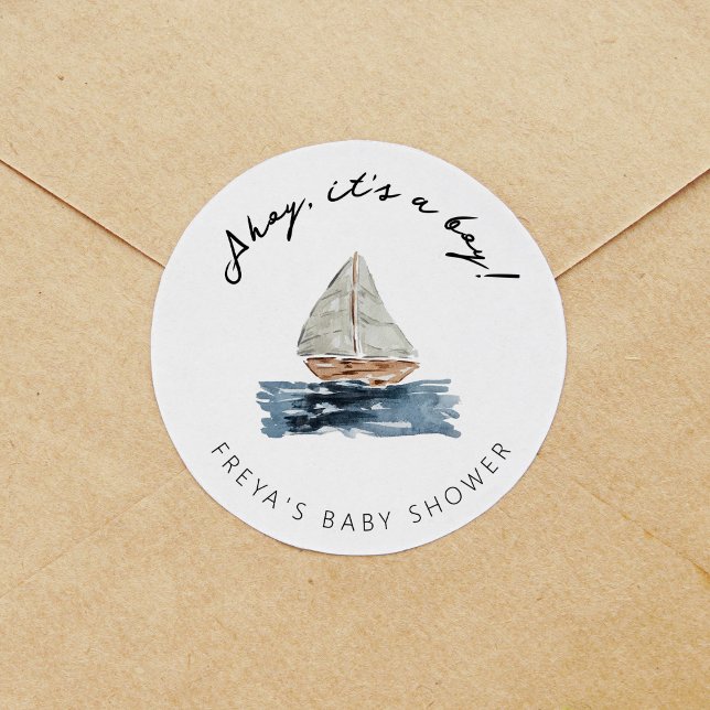 Ahoy Its A Boy Nautical Sailboat Baby Shower Classic Round Sticker (Creator Uploaded)