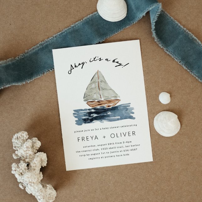 Ahoy It's A Boy Nautical Sailboat Baby Shower Invitation (Ahoy, it's a Boy! Blue nautical watercolor sailboat modern baby shower invitation.)