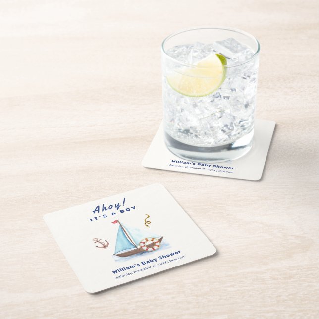 Ahoy It's A Boy Nautical Sailboat Baby Shower  Square Paper Coaster (Insitu)