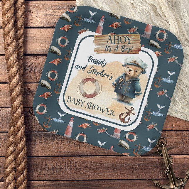 Ahoy, It's A Boy Nautical Teddy Bear Baby Shower Paper Plate (Creator Uploaded)