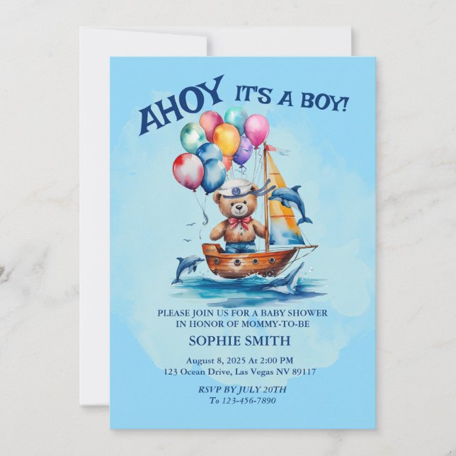 Ahoy Its A Boy Nautical Theme Baby Shower Invitation (Front)