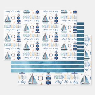 Ahoy! It's a Boy Nautical Themed Customizable  Wrapping Paper Sheet