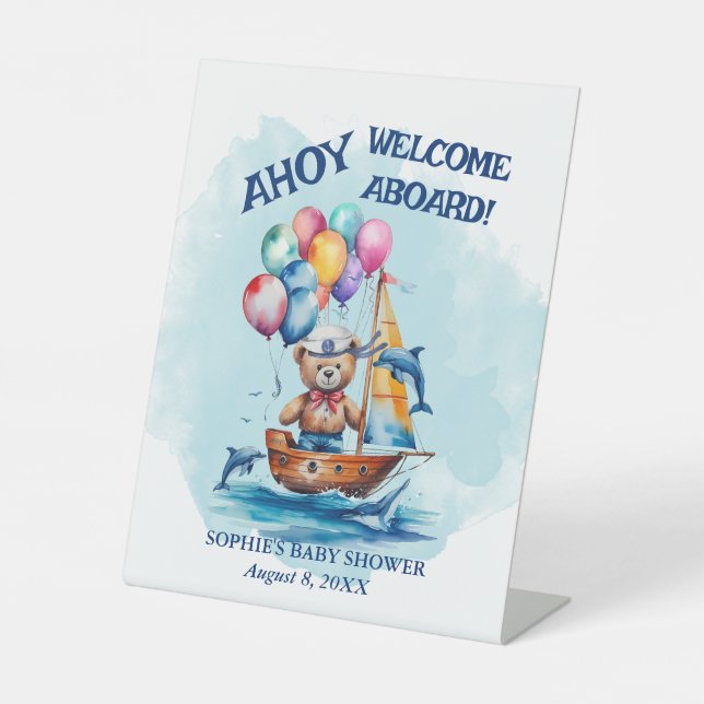 Ahoy Its A Boy Nautical Welcome Aboard Pedestal Sign (Front)
