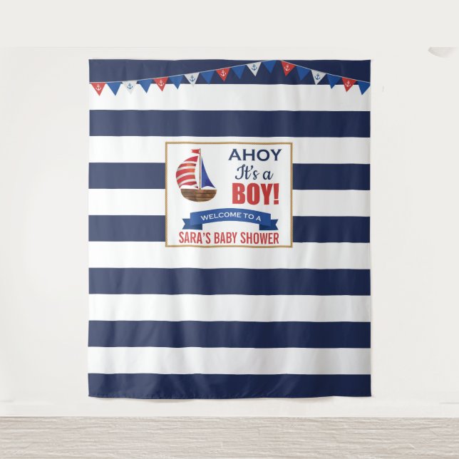 Ahoy It's A Boy Navy Baby Shower Party Tapestry (Front)