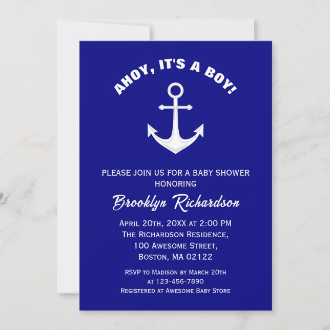 Ahoy Its A Boy Navy Blue White Anchor Baby Shower Invitation (Front)