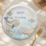 Ahoy its a Boy Ocean Life Whale Baby Shower<br><div class="desc">Ahoy it's a boy! (editable) whale baby shower paper plates. Natural and gentle watercolor design in blue and beige with whales swimming under the sea with fish and coral. Whimsical lettering and boho styling, perfect for whale baby shower, nautical baby shower, under the sea and ocean animal themes. For co-ordinating...</div>