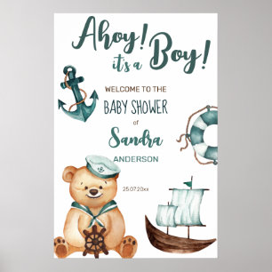 Ahoy it's a boy teddy bear baby shower welcome poster