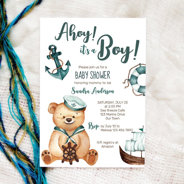 Ahoy it's a boy teddy bear nautical baby shower invitation (Creator Uploaded)
