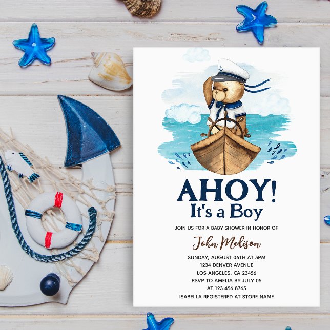 Ahoy It's a Boy Teddy Bear Sailor Baby Shower Invitation (Creator Uploaded)