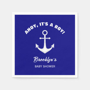 Ahoy Its A Boy Trendy Baby Shower Navy Blue White Napkin