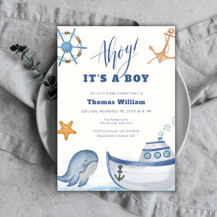 Ahoy It's A Boy Whale Sailboat Baby Shower  Invitation