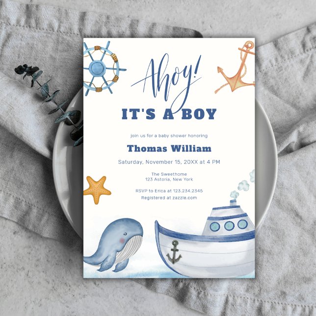 Ahoy It's A Boy Whale Sailboat Baby Shower  Invitation (Ahoy It's A Boy Whale Sailboat Baby Shower Invitation)