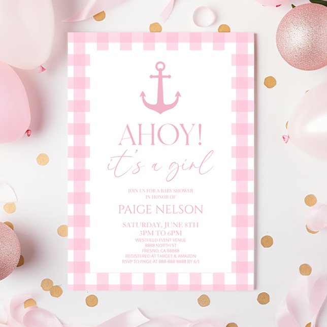 Ahoy It's A Girl Elegant Pink Nautical Baby Shower Invitation (Creator Uploaded)