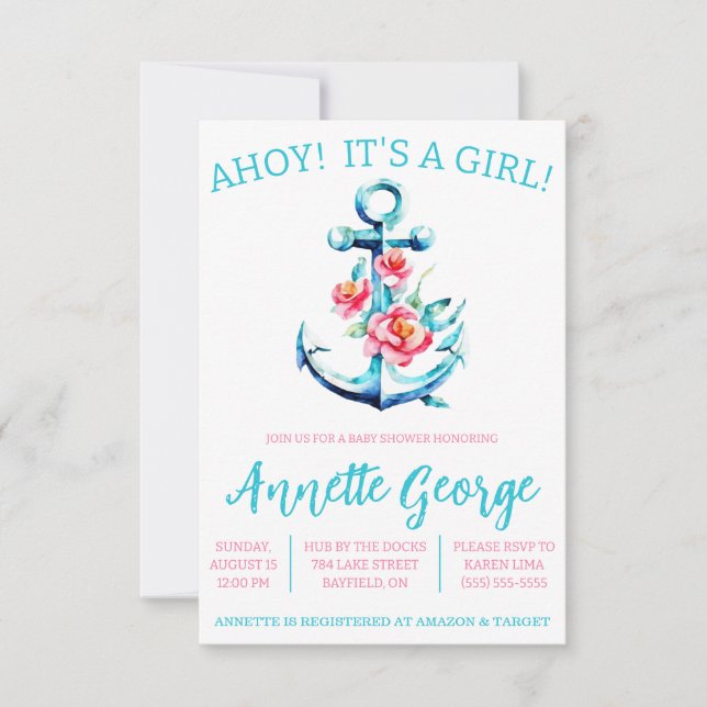 AHOY! It's a GIRL! Floral Anchor Baby Shower Invitation (Front)