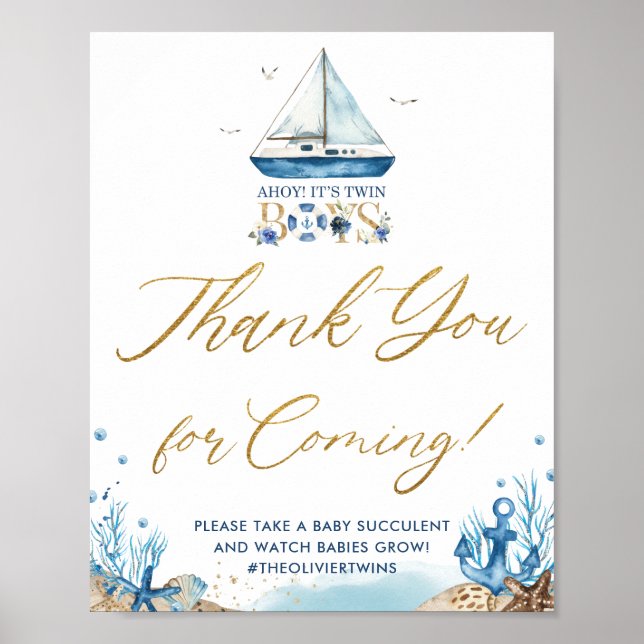 Ahoy It's Twin Boys Nautical Thank You for Coming Poster (Front)
