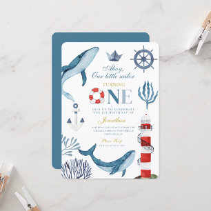 Ahoy Little Sailor Nautical Whale First Birthday Invitation