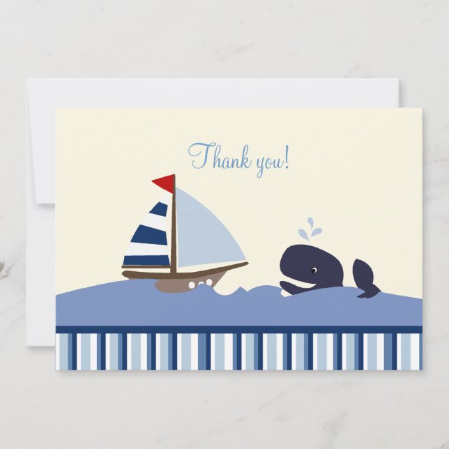 Ahoy Mate Whale Flat Thank you note - Blue Stripe Card (Front)