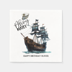 Ahoy Matey! Black Pirate Ship Birthday Napkin