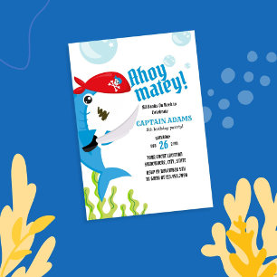 Ahoy Matey! Blu Shark Pirate Birthday Invitation
