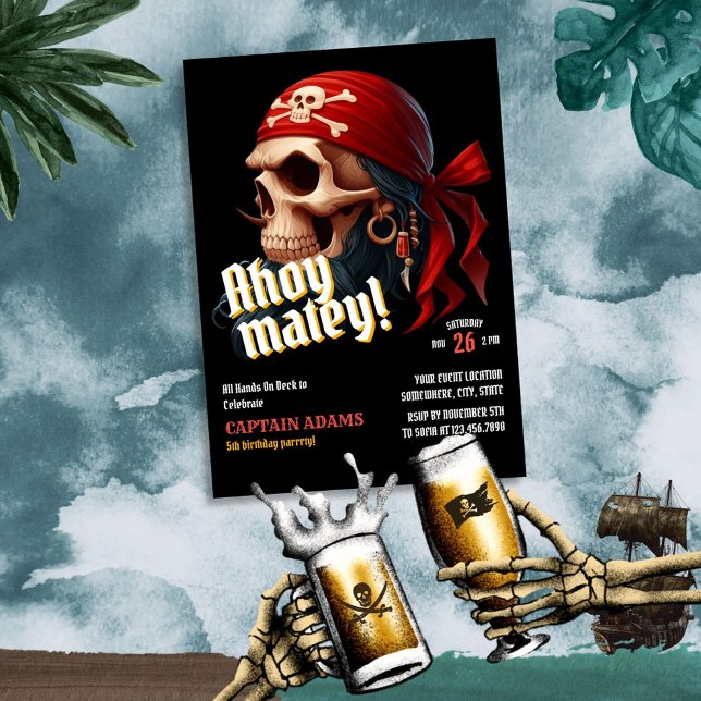 Ahoy Matey! Dark Skull Pirate Birthday Invitation (Creator Uploaded)