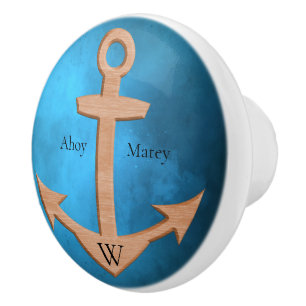 Ahoy Matey Light Wood Anchor on Dark Dusky Blue Ceramic Knob