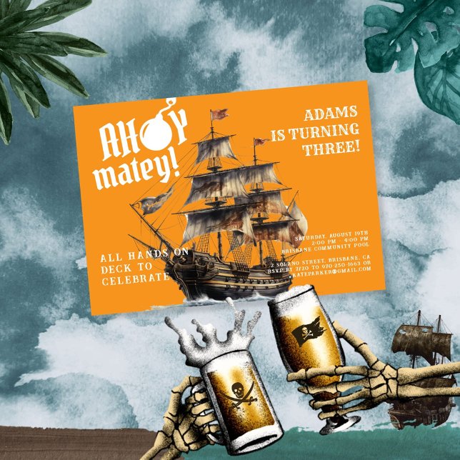 Ahoy Matey! Orange Pirate Ship Birthday Invitation (Creator Uploaded)