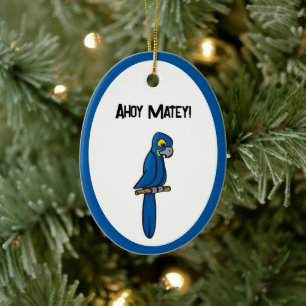 Ahoy Matey Pirate Parrot Cartoon, Funny Macaw Bird Ceramic Tree Decoration