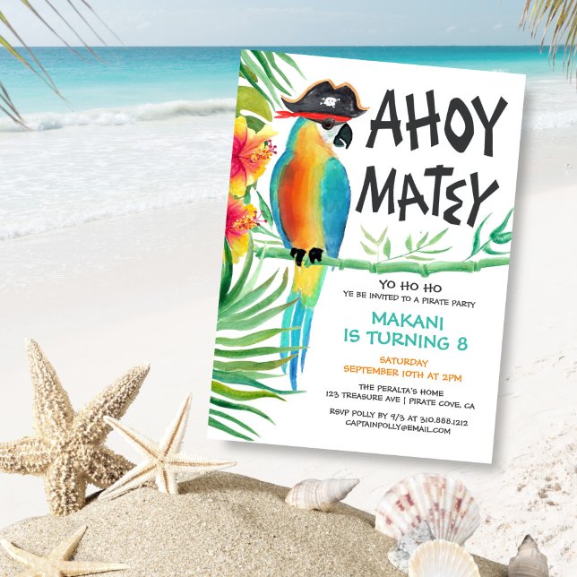 Ahoy Matey Pirate Parrot Tropical Birthday  Invitation (Creator Uploaded)