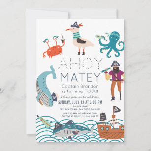 Ahoy Matey Pirate Sea Animal Birthday Invitation