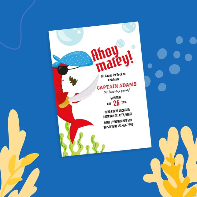Ahoy Matey! Red Shark Pirate Birthday Invitation (Creator Uploaded)